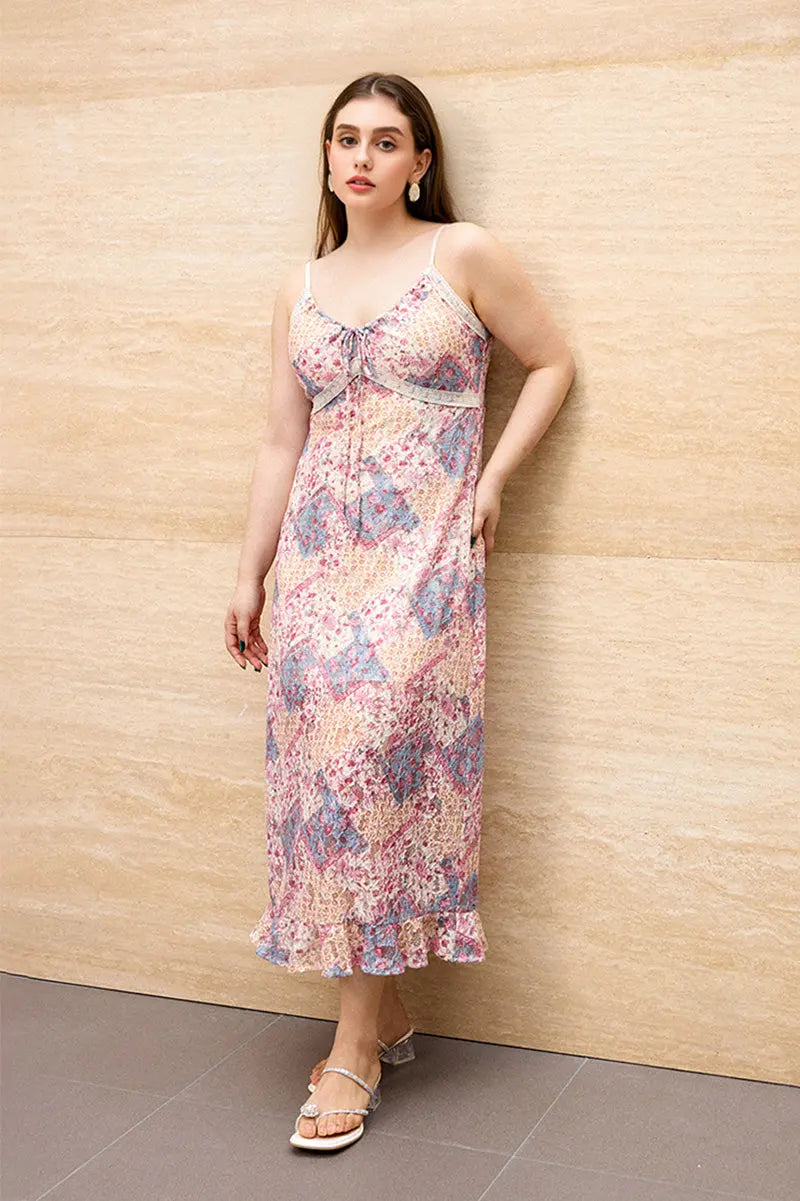 Floral Lace Spaghetti-Strap Tie-Neck Midi Dress