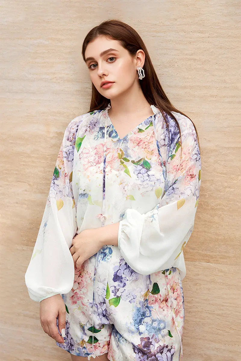 Floral Long-Sleeve Tie-Neck Blouse with Camisole