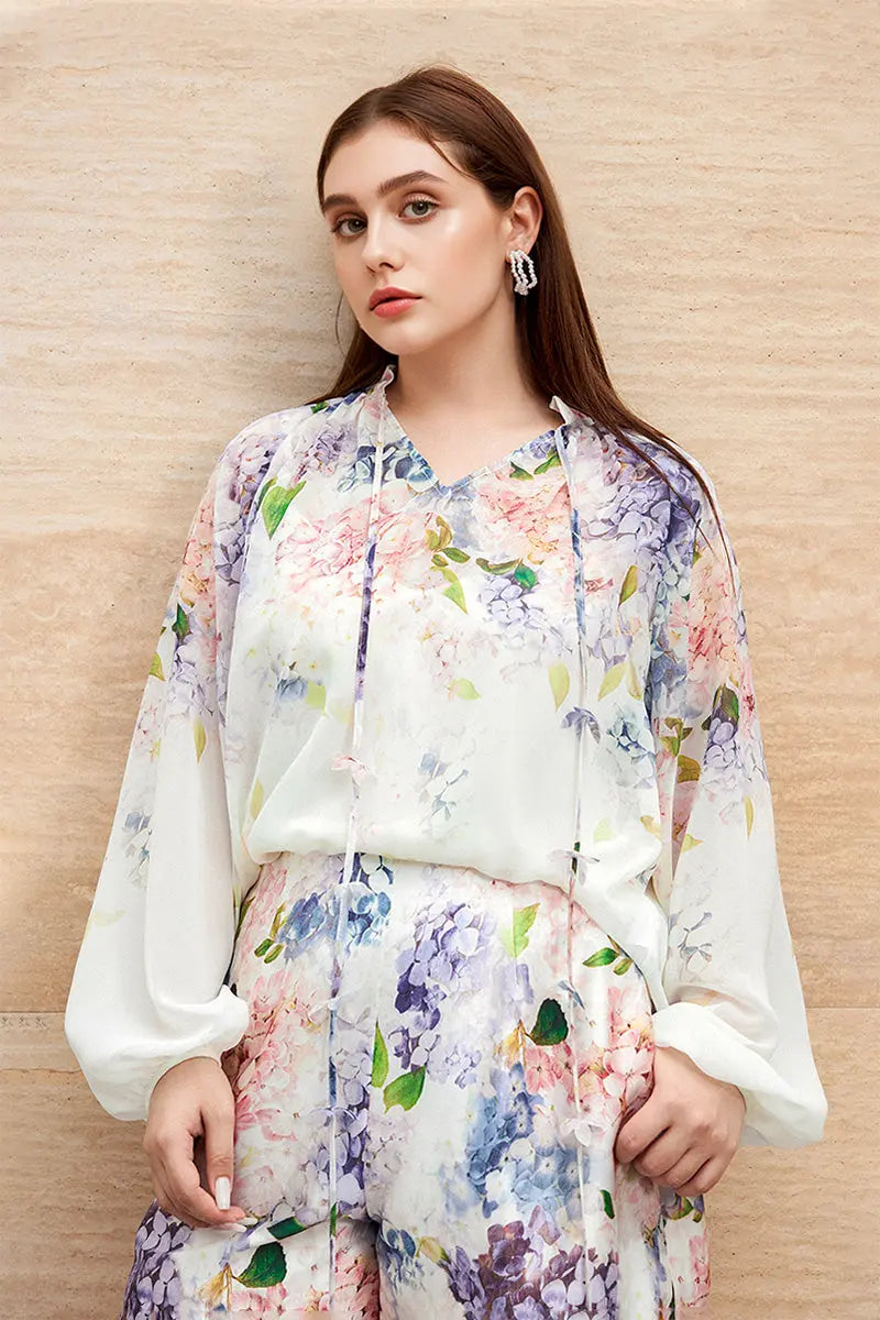 Floral Long-Sleeve Tie-Neck Blouse with Camisole