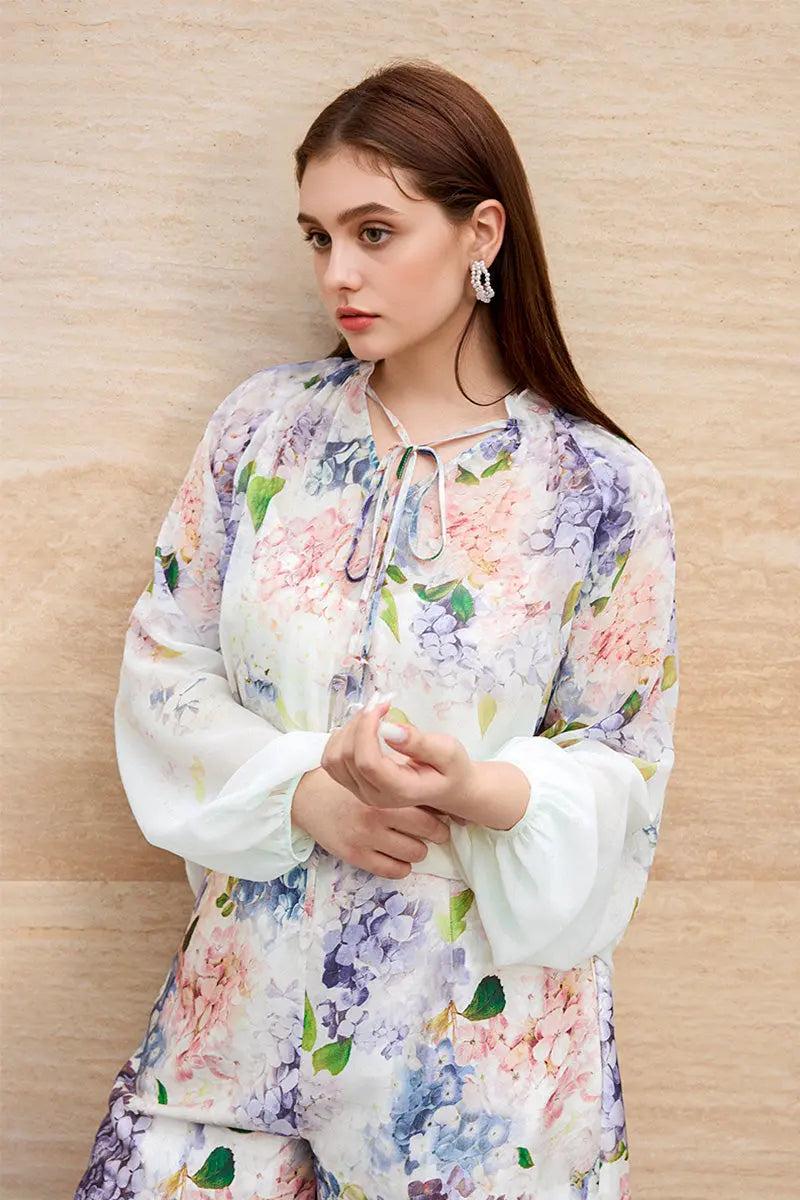 Floral Long-Sleeve Tie-Neck Blouse with Camisole