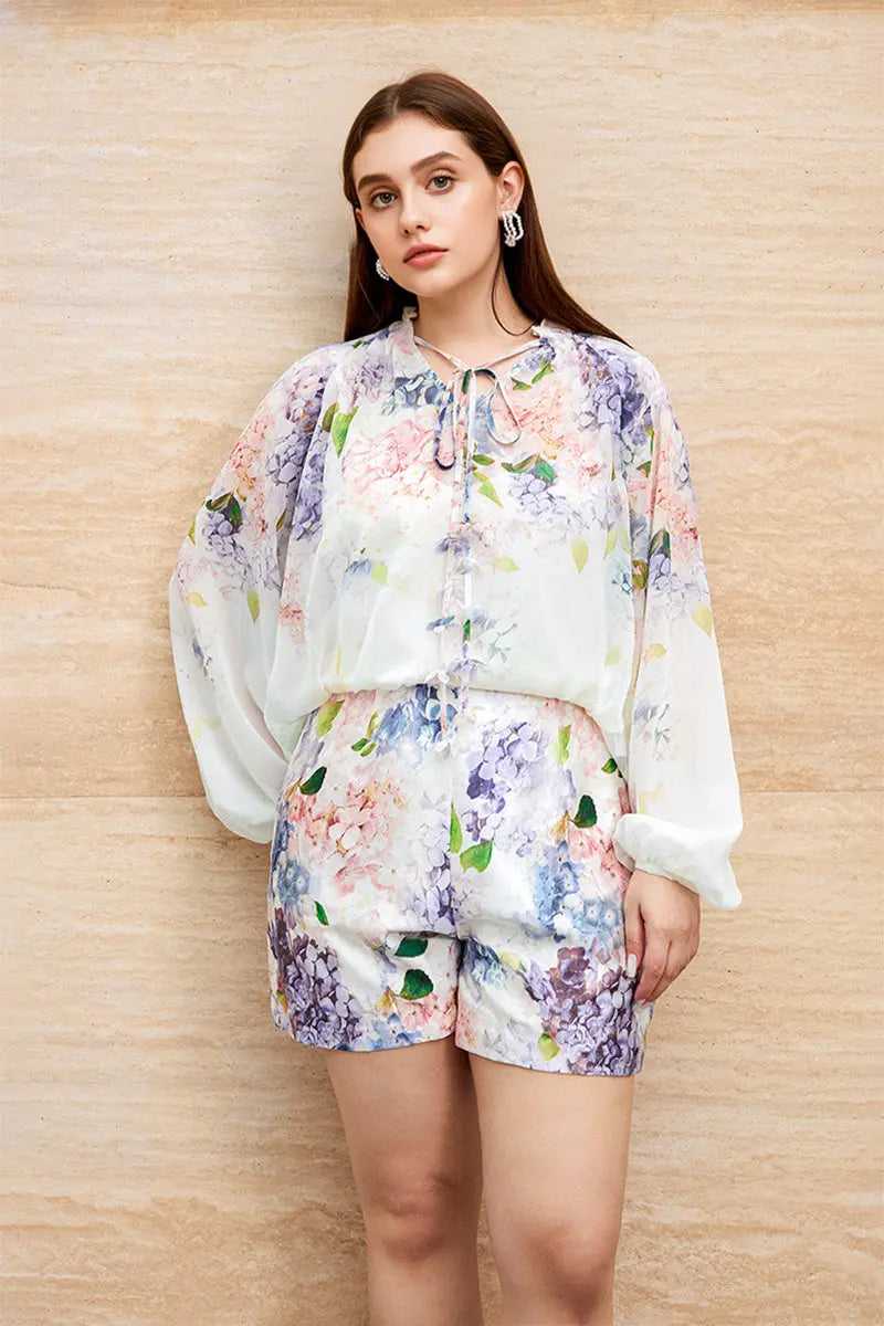 Floral Long-Sleeve Tie-Neck Blouse with Camisole