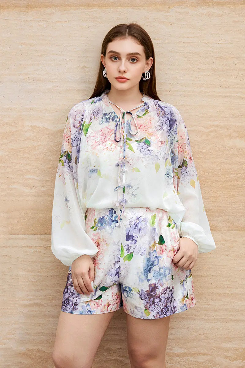 Floral Long-Sleeve Tie-Neck Blouse with Camisole