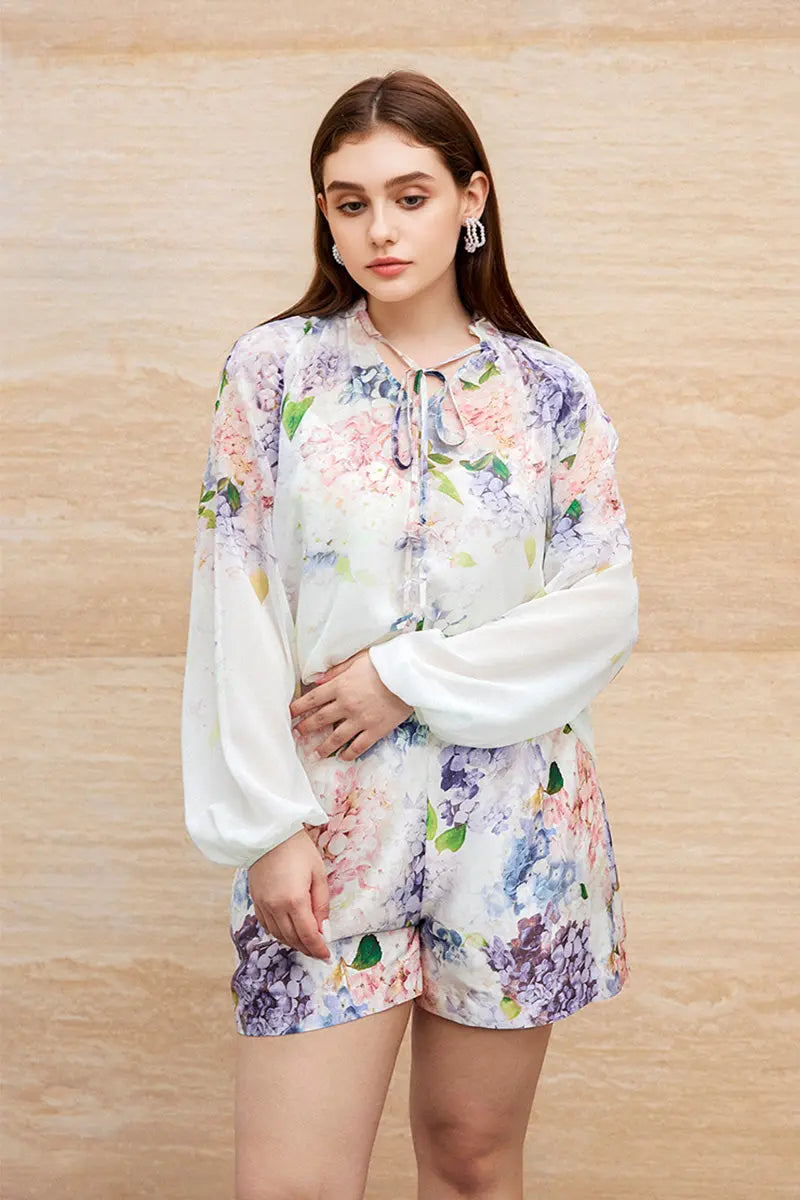 Floral Long-Sleeve Tie-Neck Blouse with Camisole