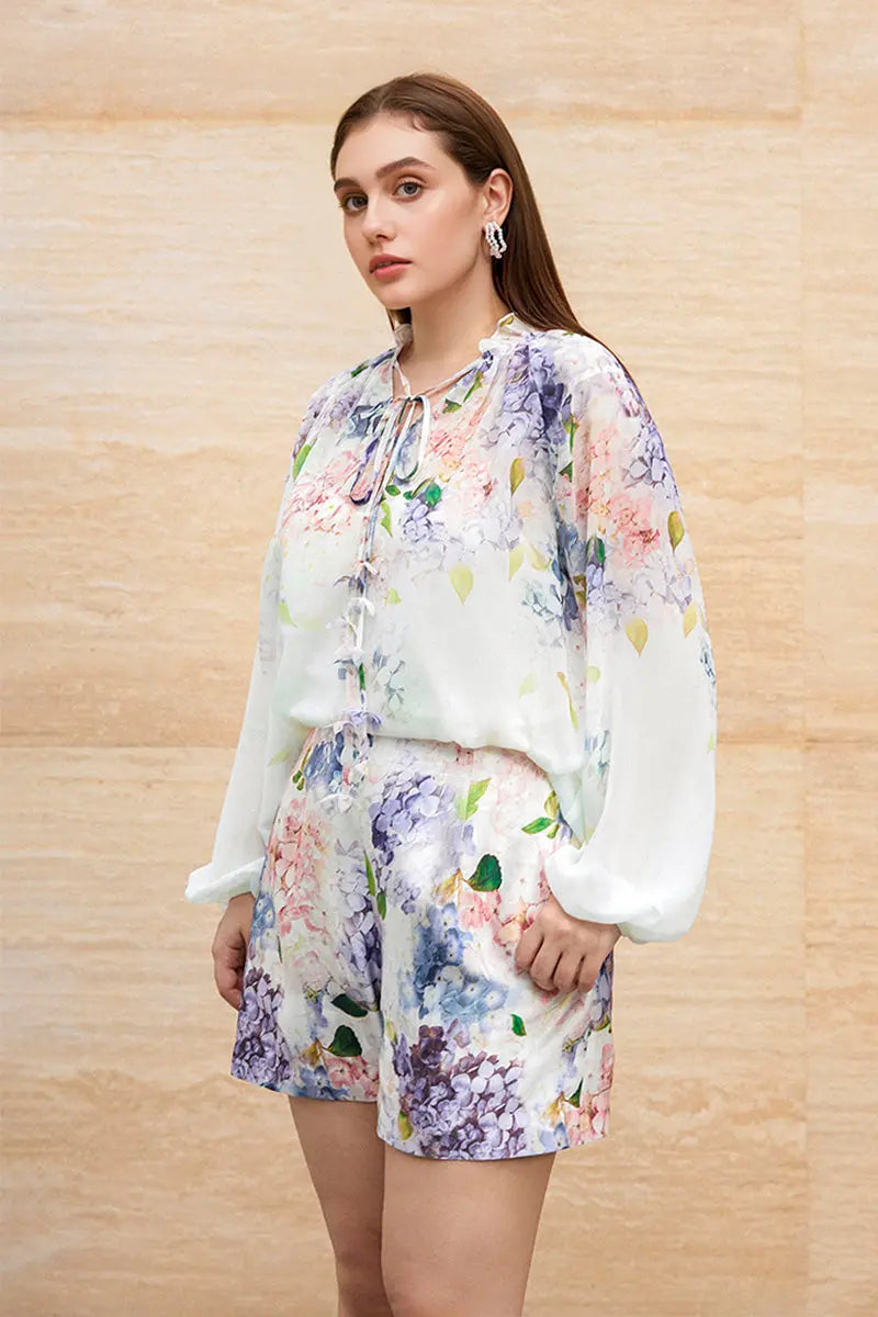 Floral Long-Sleeve Tie-Neck Blouse with Camisole