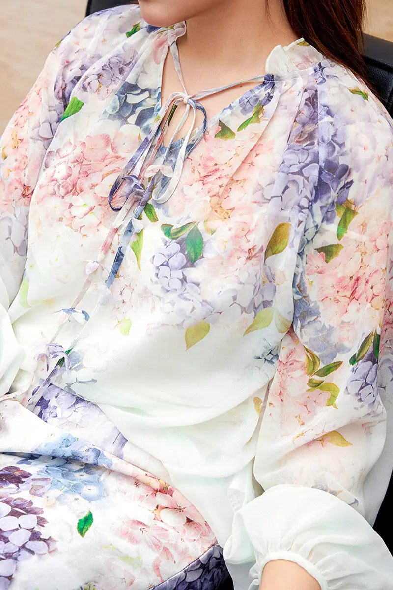 Floral Long-Sleeve Tie-Neck Blouse with Camisole
