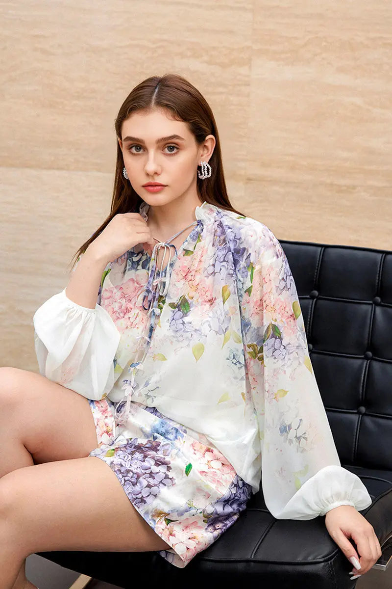 Floral Long-Sleeve Tie-Neck Blouse with Camisole