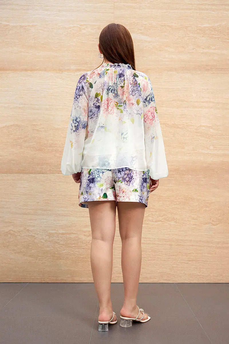Floral Long-Sleeve Tie-Neck Blouse with Camisole