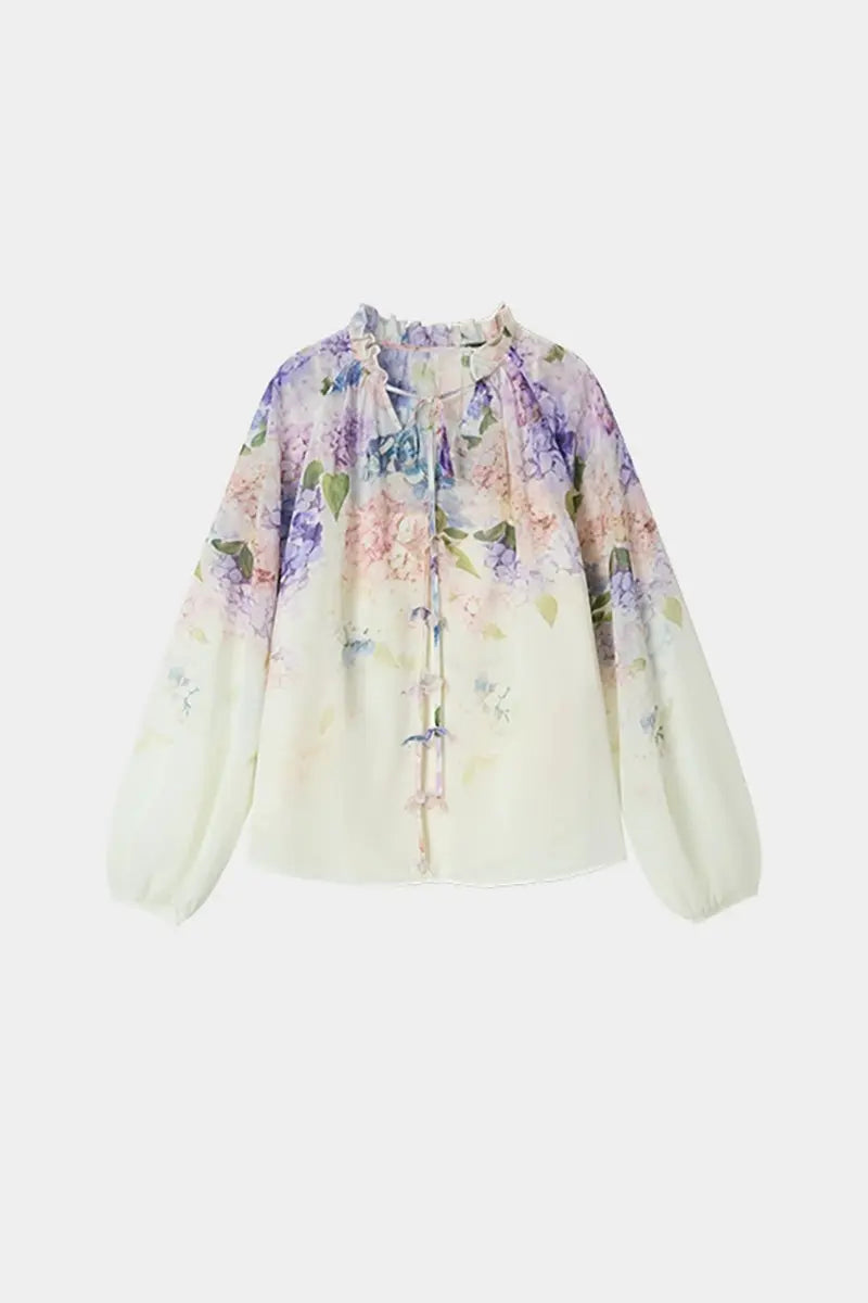 Floral Long-Sleeve Tie-Neck Blouse with Camisole
