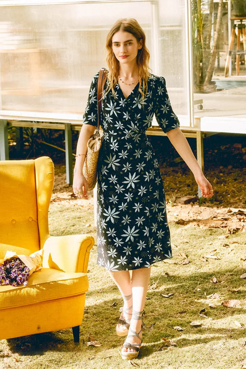 Floral Silk Double Crepe Wrap Midi Dress With Elbow Sleeves