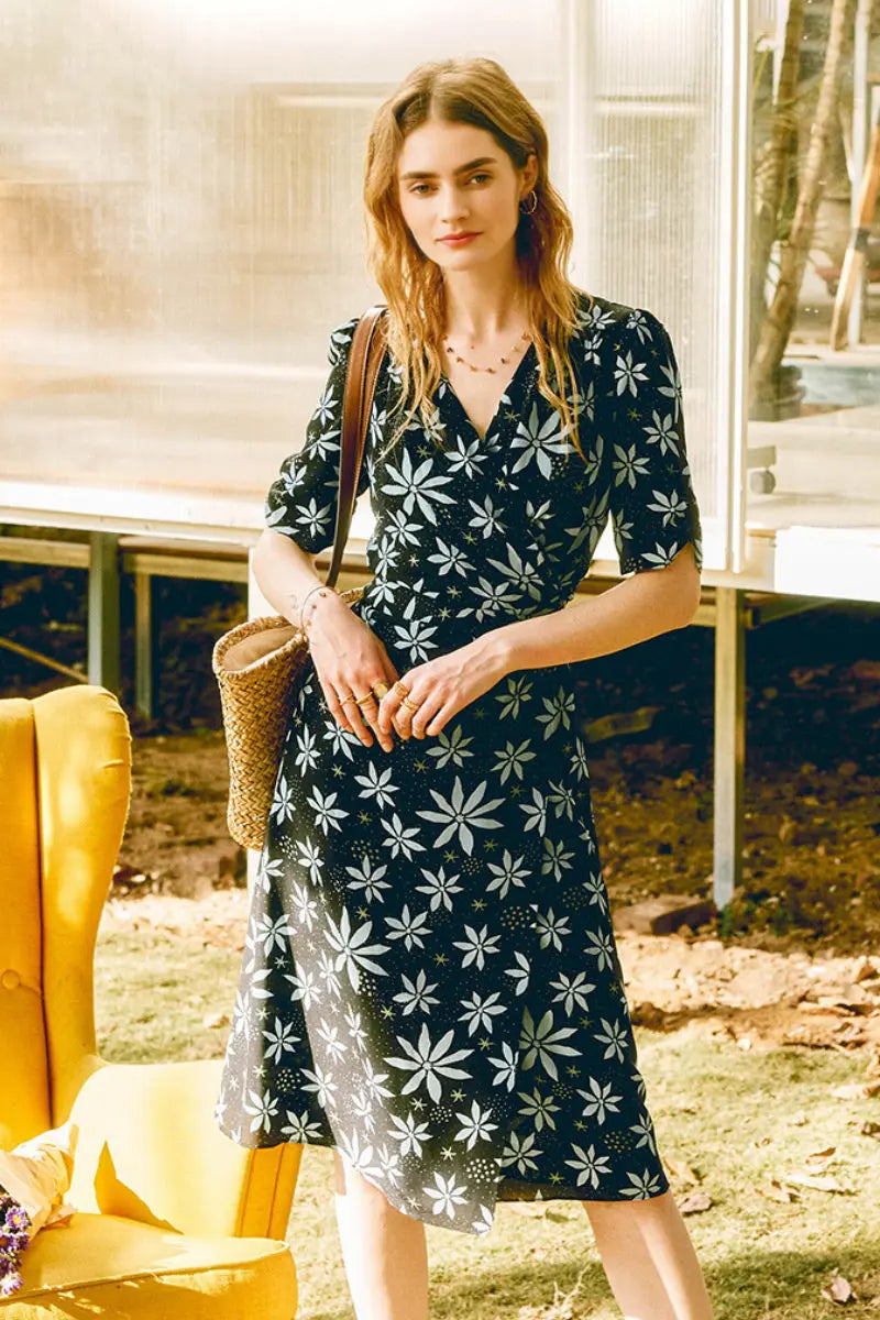Floral Silk Double Crepe Wrap Midi Dress With Elbow Sleeves