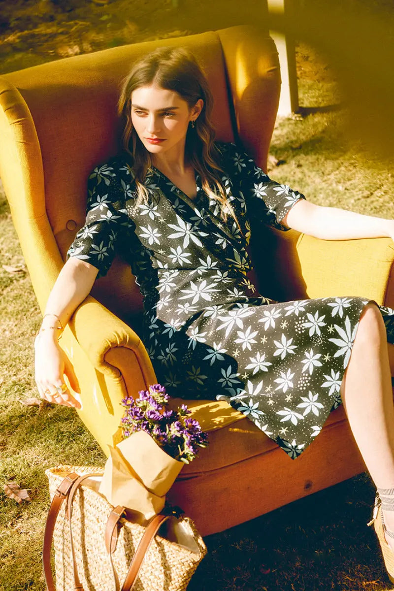 Floral Silk Double Crepe Wrap Midi Dress With Elbow Sleeves