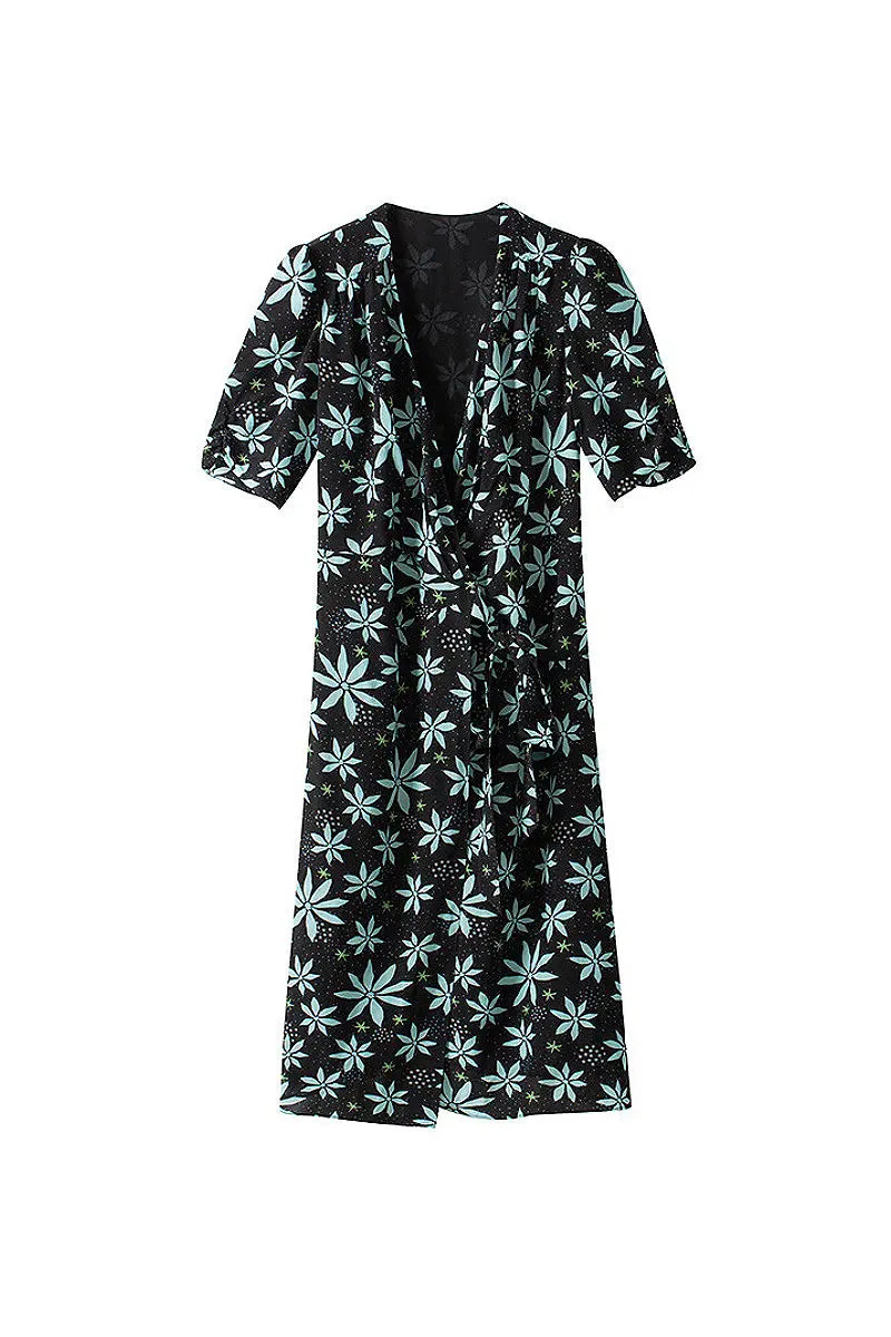 Floral Silk Double Crepe Wrap Midi Dress With Elbow Sleeves