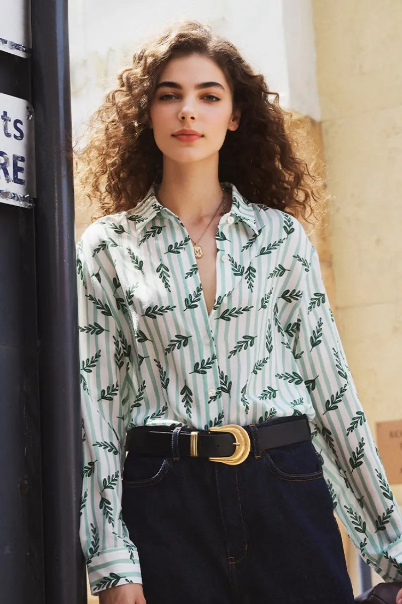 Floral Striped Silk Double Crepe Button-Up Shirt