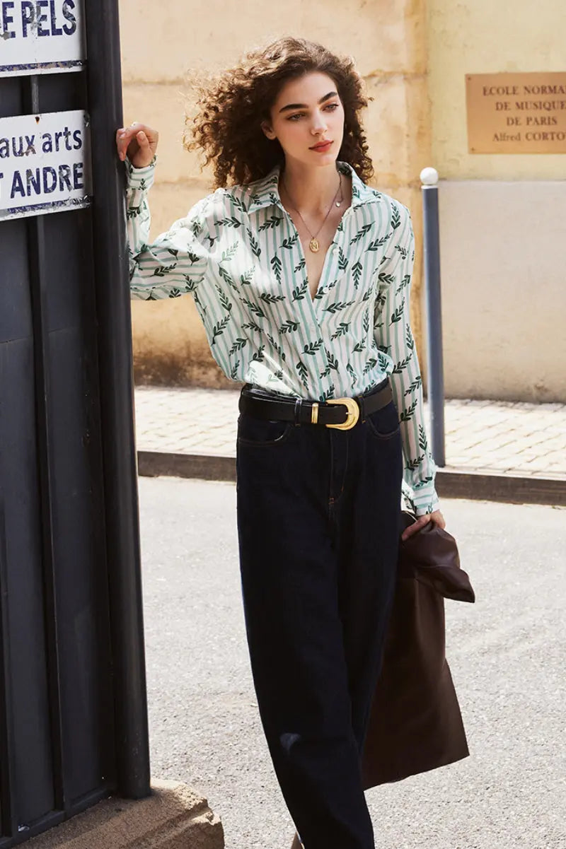 Floral Striped Silk Double Crepe Button-Up Shirt