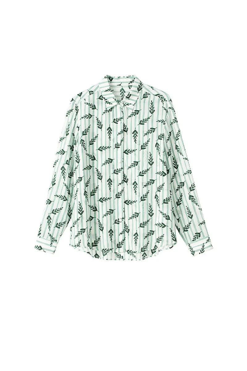 Floral Striped Silk Double Crepe Button-Up Shirt