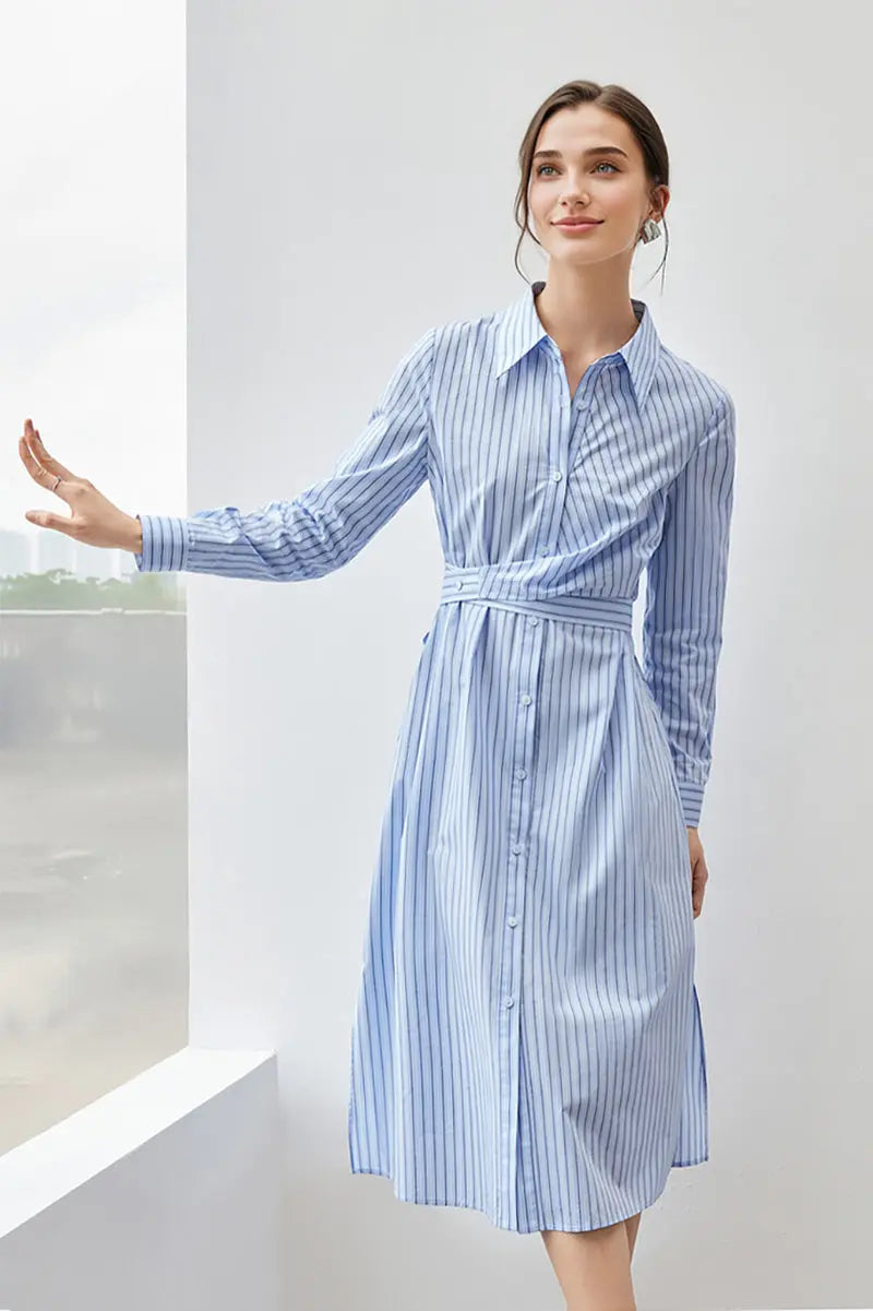 French Chic Wrap Waist Stripe Shirt Dress