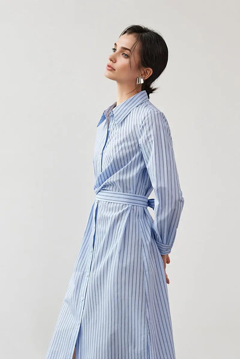 French Chic Wrap Waist Stripe Shirt Dress