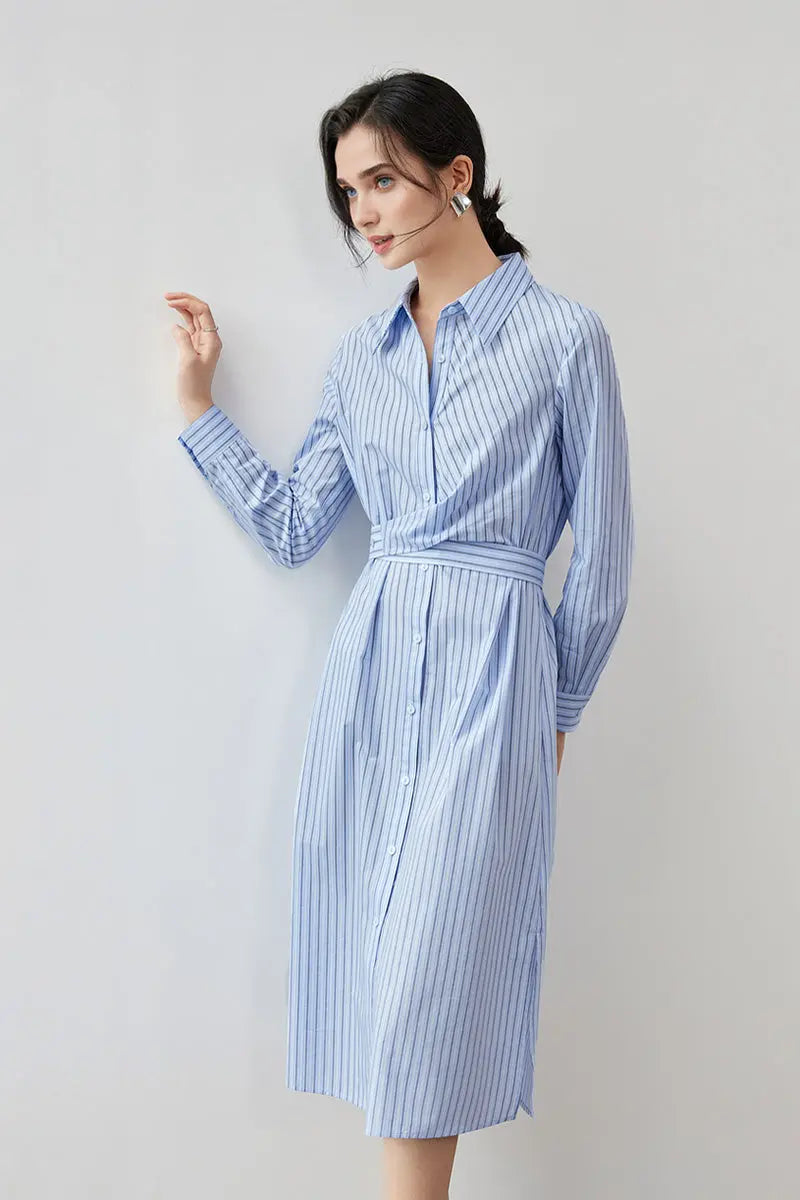 French Chic Wrap Waist Stripe Shirt Dress