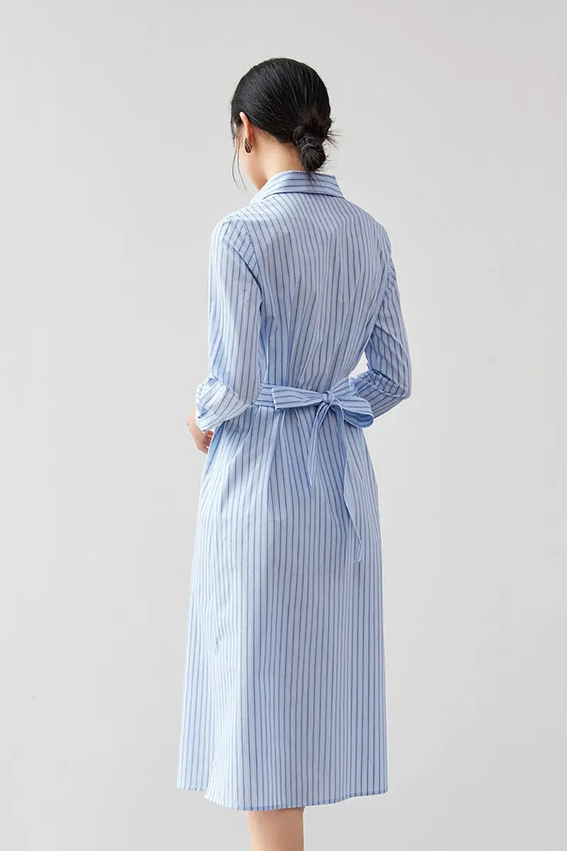 French Chic Wrap Waist Stripe Shirt Dress