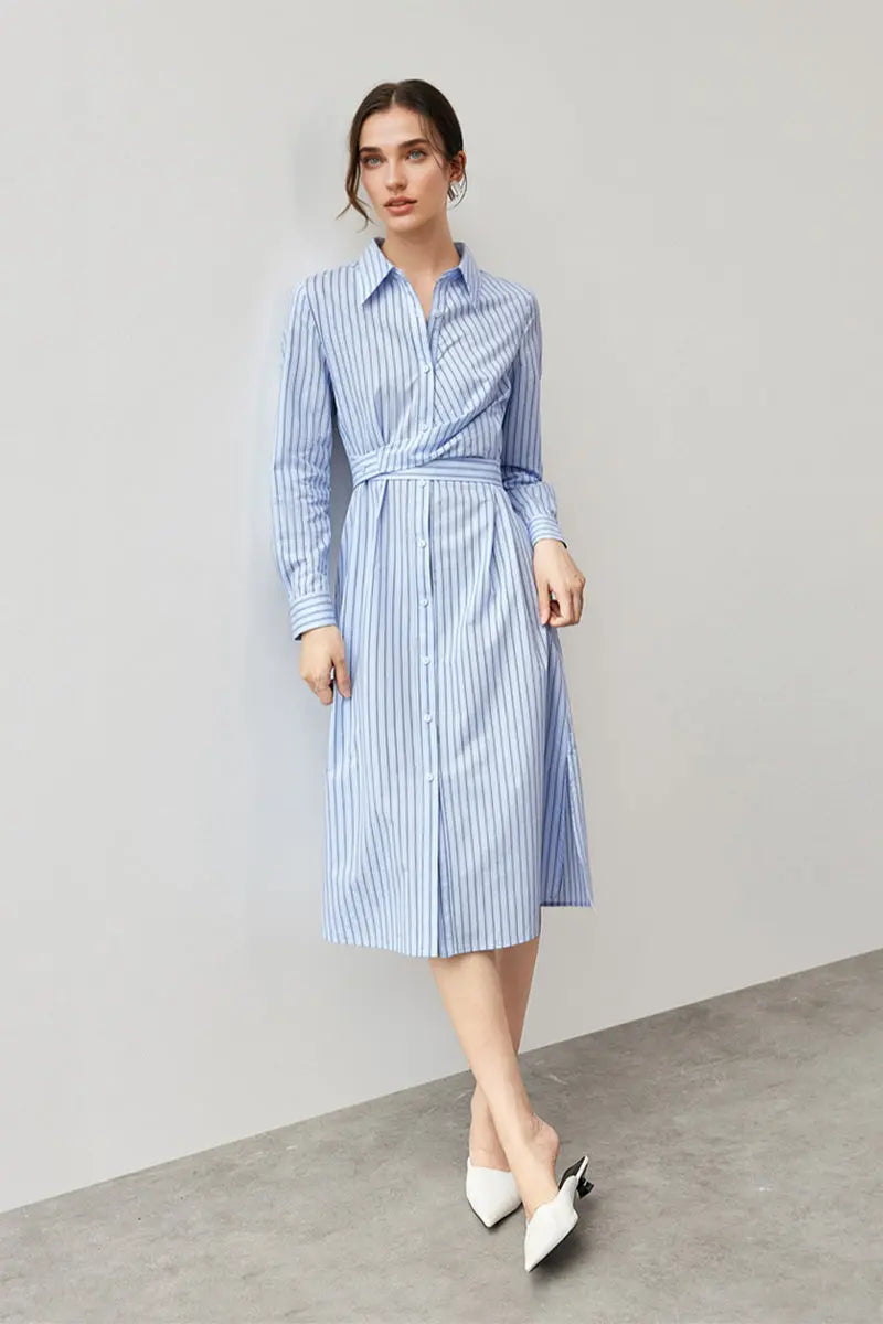 French Chic Wrap Waist Stripe Shirt Dress