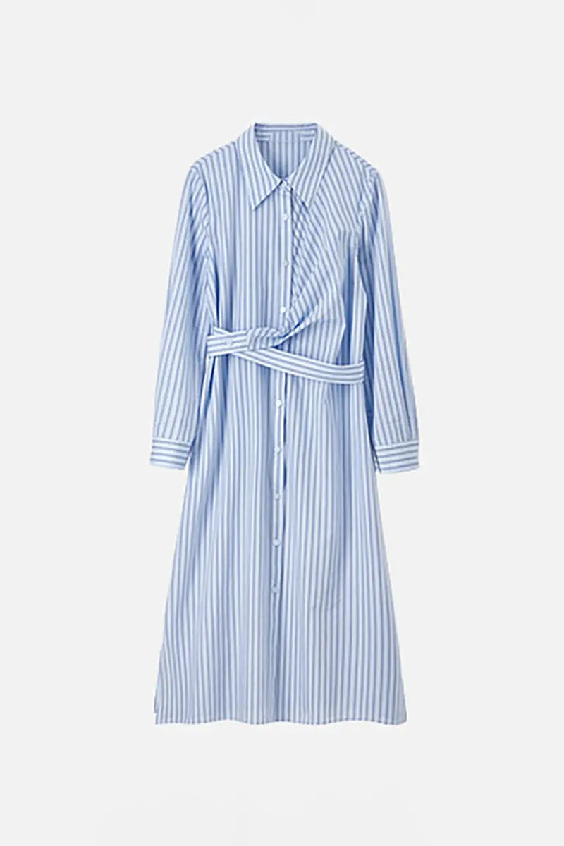 French Chic Wrap Waist Stripe Shirt Dress