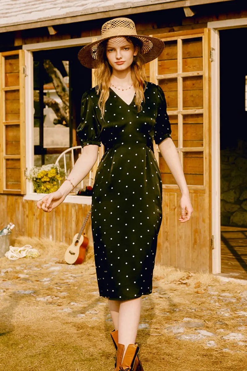 French-Inspired Silk  Crepe-Back Polka Dot Midi Dress in Black