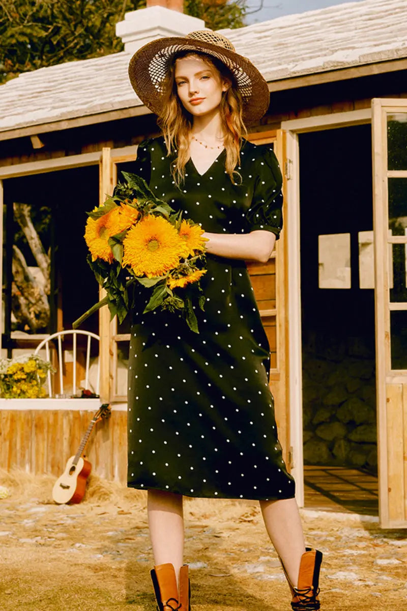 French-Inspired Silk  Crepe-Back Polka Dot Midi Dress in Black