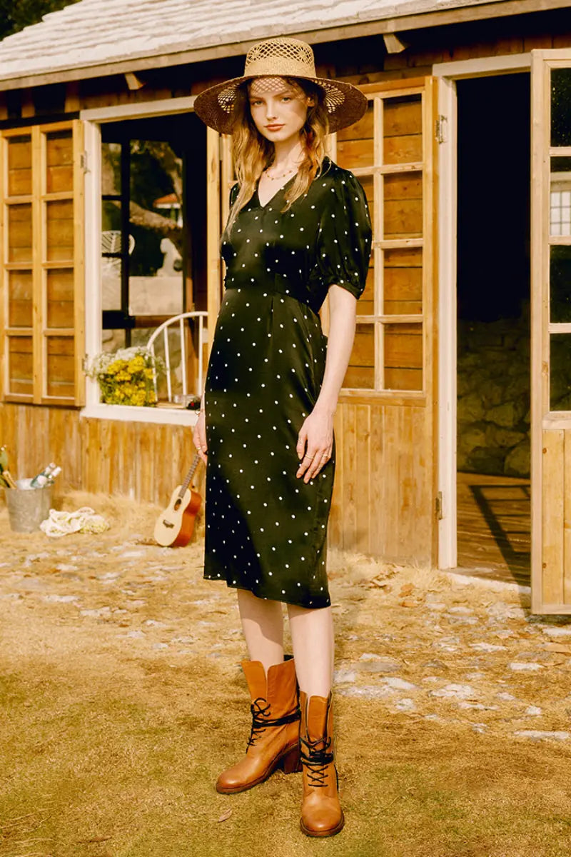 French-Inspired Silk  Crepe-Back Polka Dot Midi Dress in Black