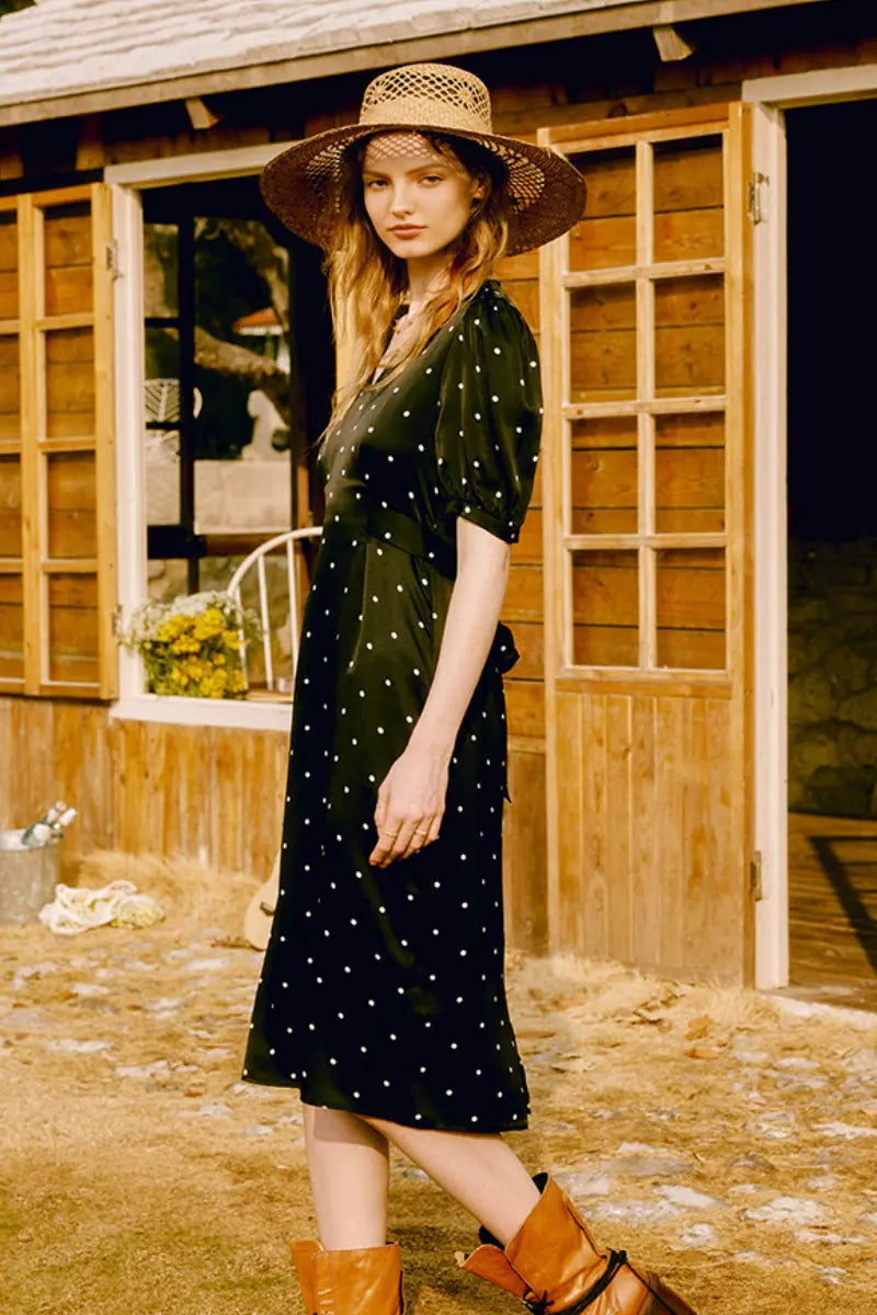 French-Inspired Silk  Crepe-Back Polka Dot Midi Dress in Black