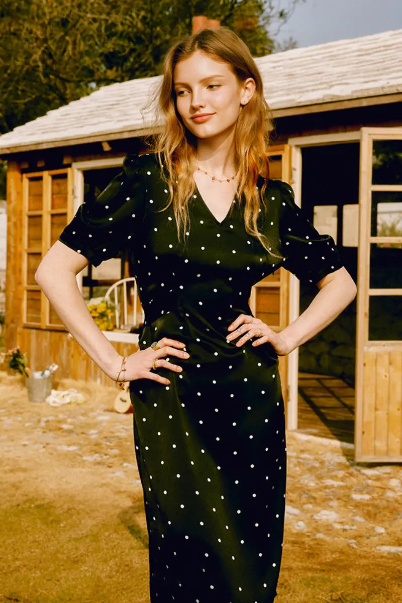 French-Inspired Silk  Crepe-Back Polka Dot Midi Dress in Black
