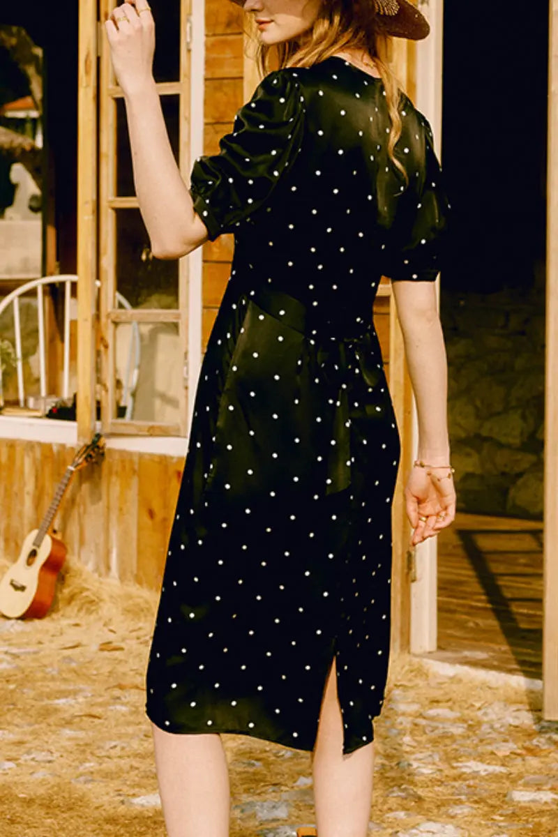 French-Inspired Silk  Crepe-Back Polka Dot Midi Dress in Black