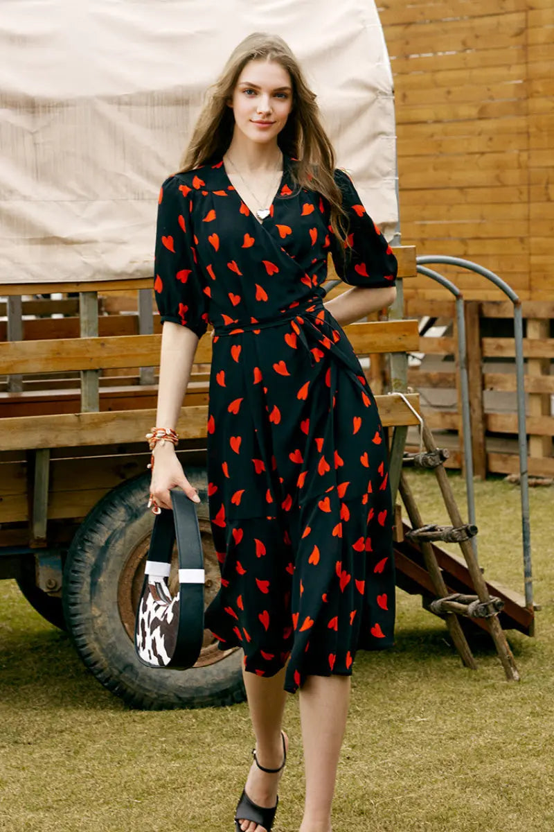 French-Inspired Silk Double Crepe Heart Wrap Midi Dress