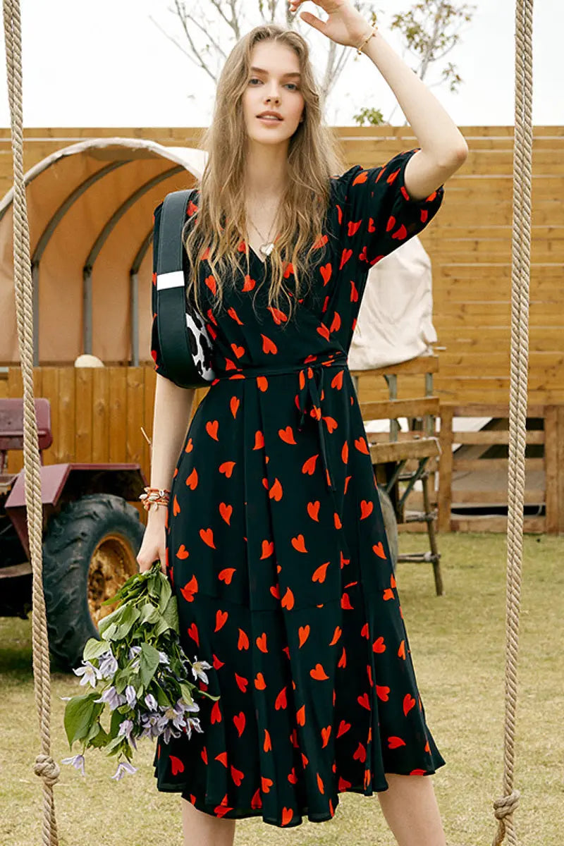 French-Inspired Silk Double Crepe Heart Wrap Midi Dress