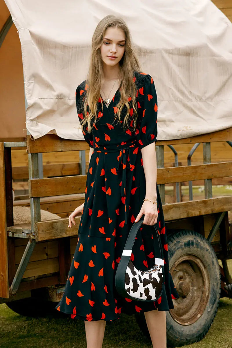 French-Inspired Silk Double Crepe Heart Wrap Midi Dress