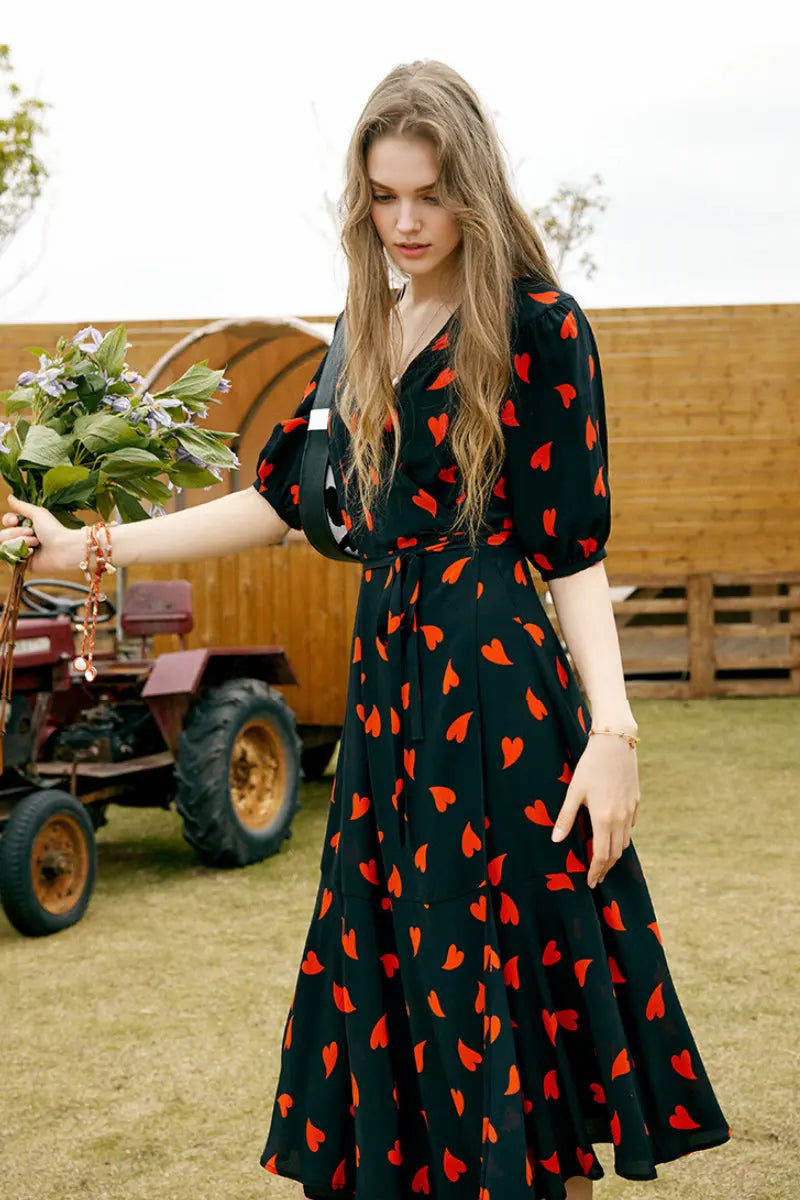 French-Inspired Silk Double Crepe Heart Wrap Midi Dress