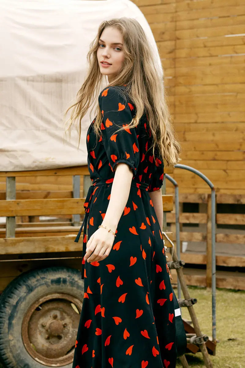 French-Inspired Silk Double Crepe Heart Wrap Midi Dress