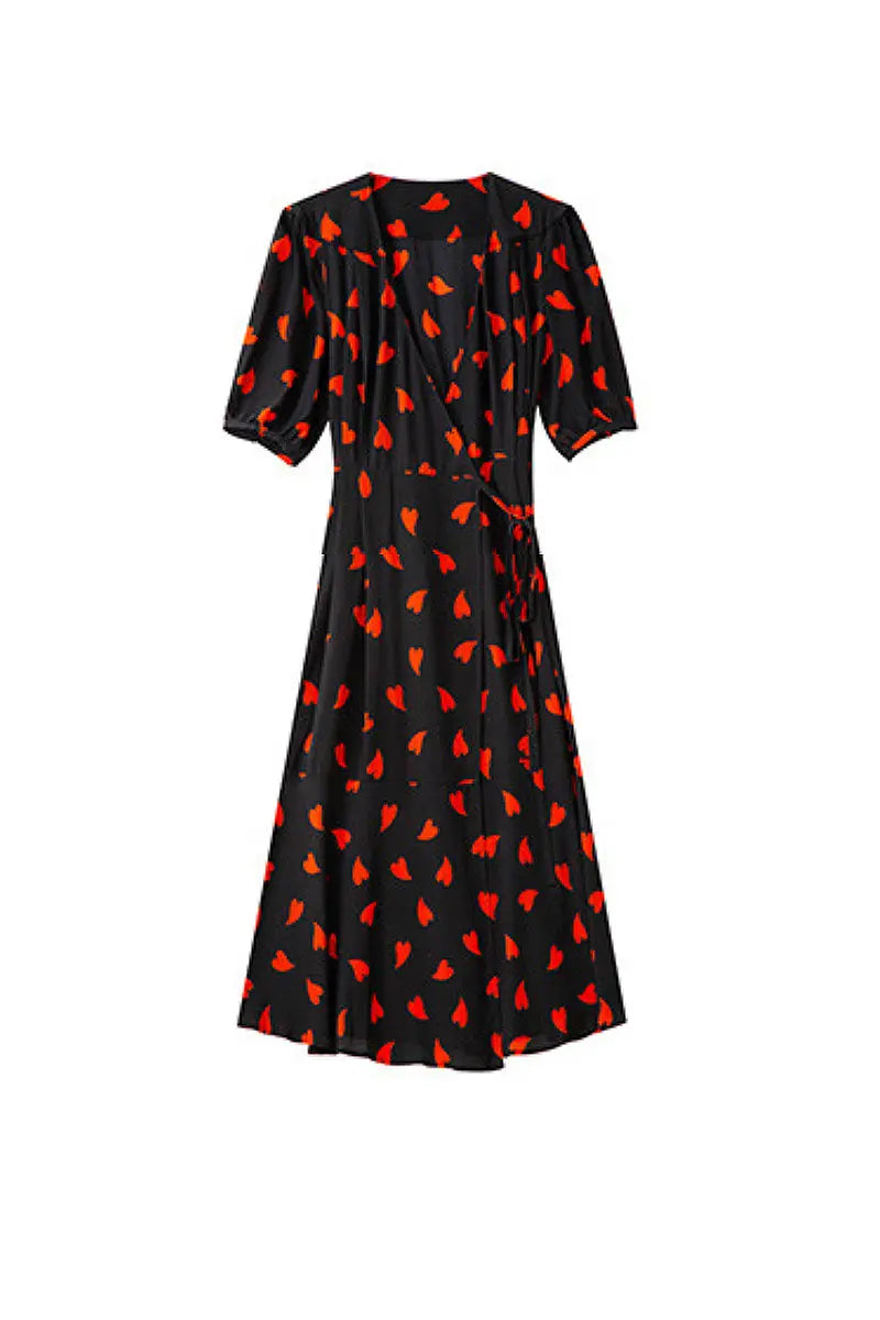 French-Inspired Silk Double Crepe Heart Wrap Midi Dress
