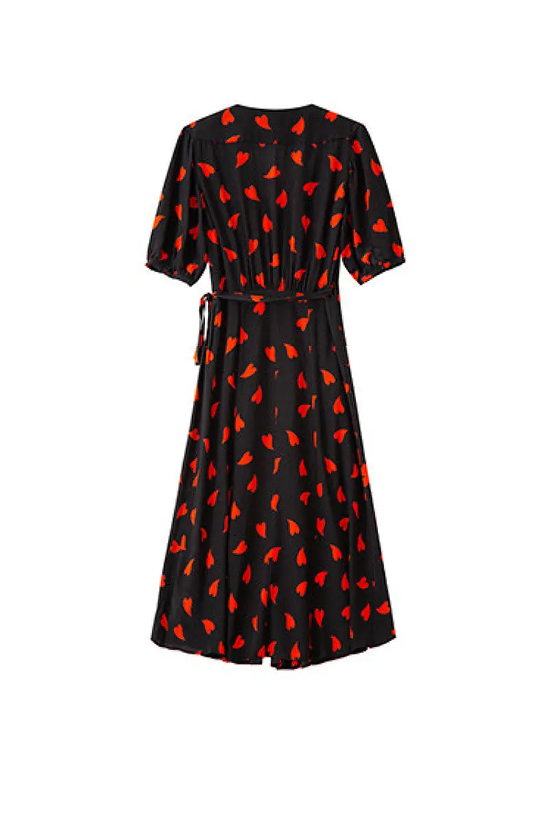 French-Inspired Silk Double Crepe Heart Wrap Midi Dress