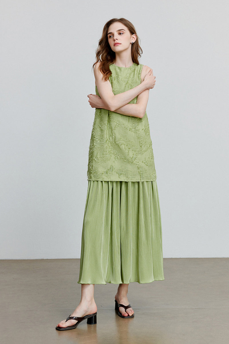 Green Frayed Jacquard Pleated Mixed-Media Midi Dress