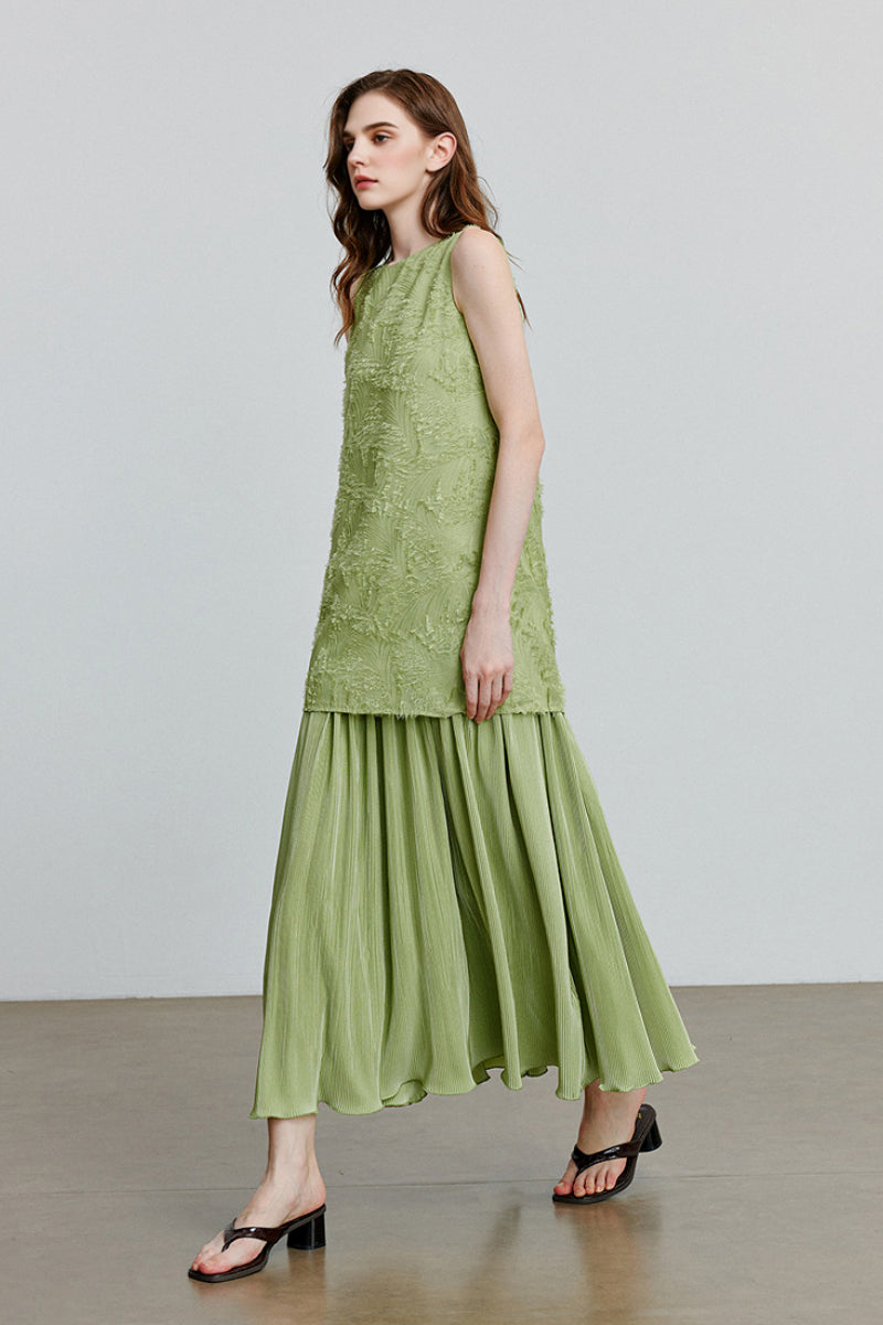 Green Frayed Jacquard Pleated Mixed-Media Midi Dress