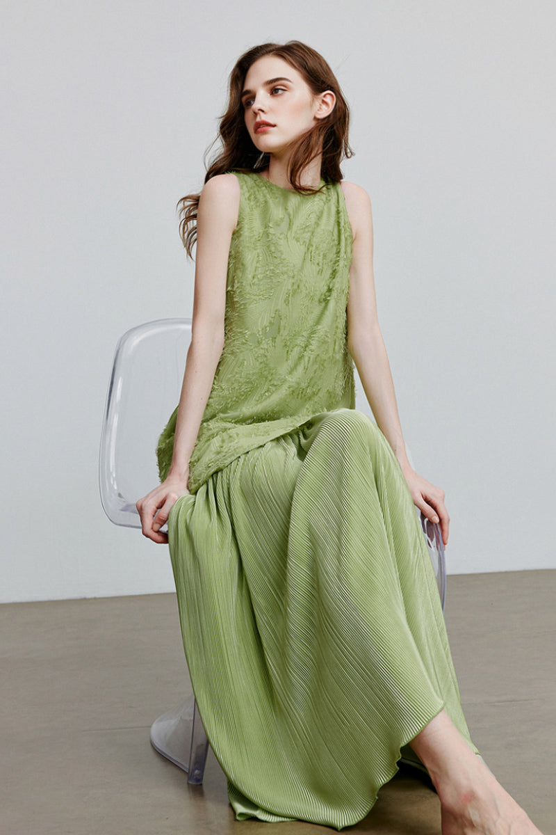 Green Frayed Jacquard Pleated Mixed-Media Midi Dress
