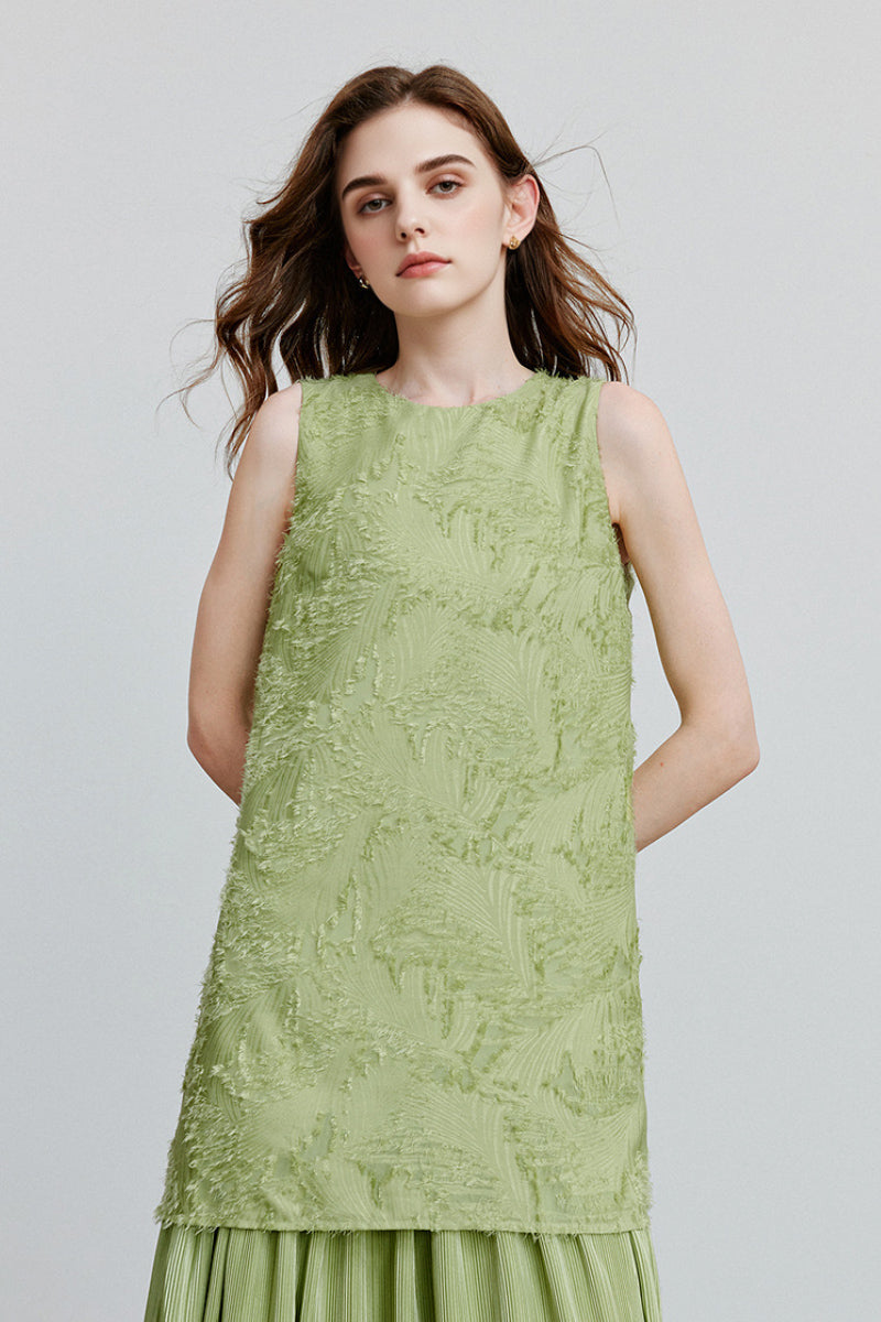 Green Frayed Jacquard Pleated Mixed-Media Midi Dress
