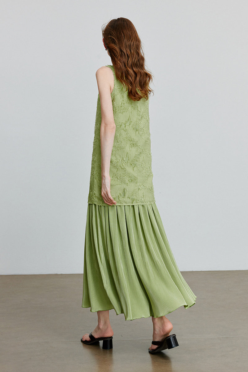 Green Frayed Jacquard Pleated Mixed-Media Midi Dress