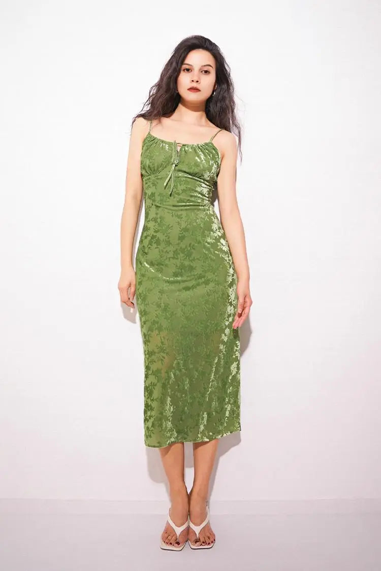 Green Velvet Floral Ruched Slip Midi Dress