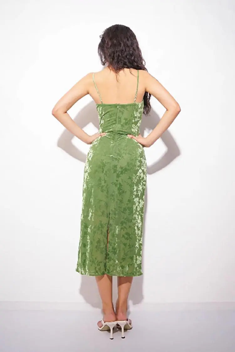 Green Velvet Floral Ruched Slip Midi Dress