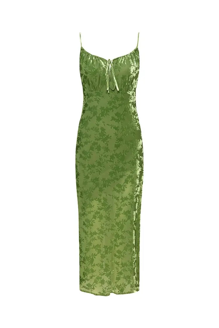 Green Velvet Floral Ruched Slip Midi Dress