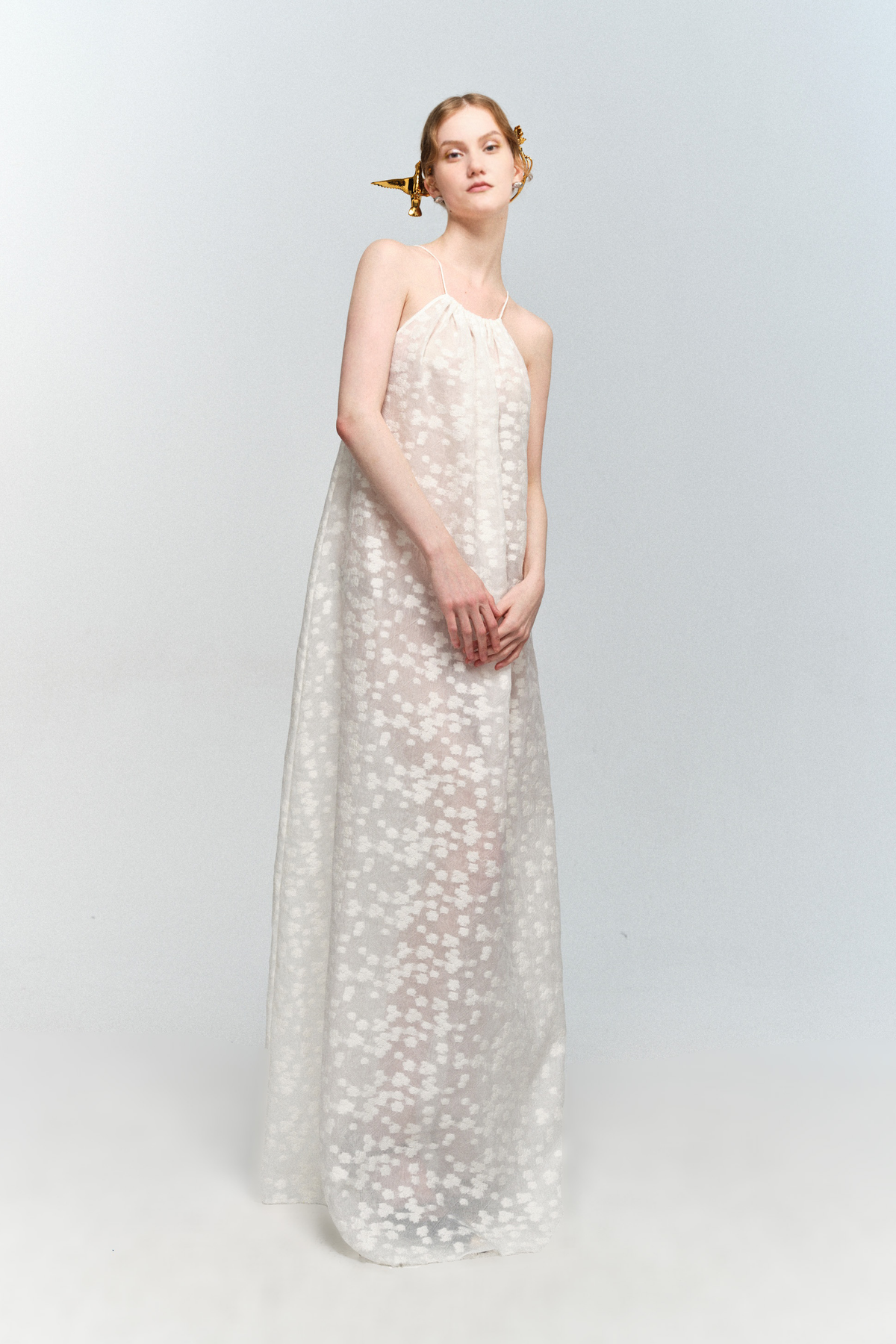 Halter Neck White Floral Jacquard Dress