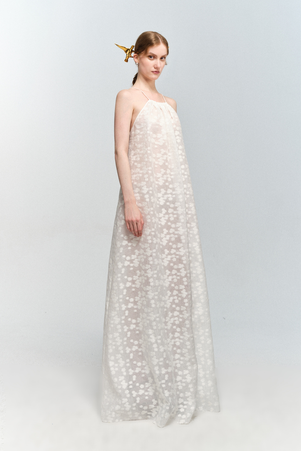 Halter Neck White Floral Jacquard Dress