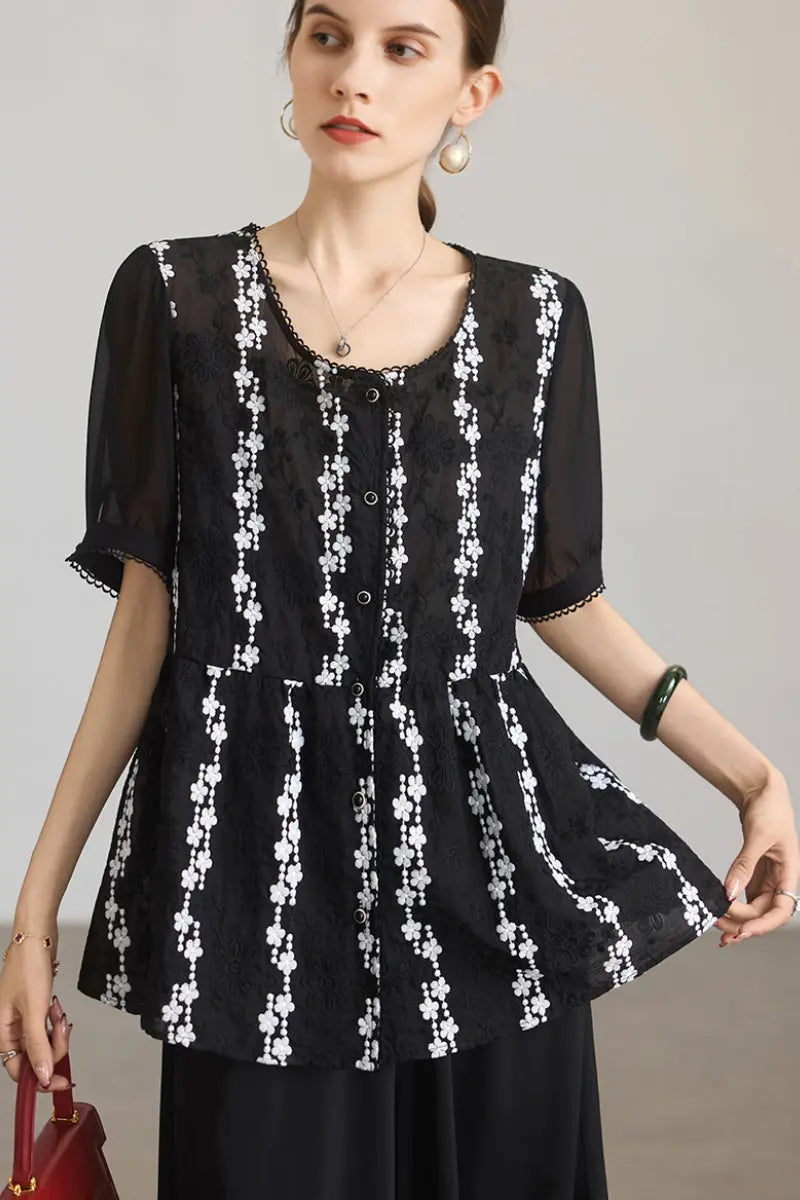 Lace Embroidered Short-Sleeve Peplum Blouse