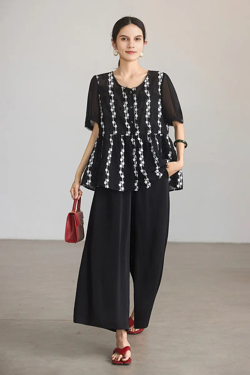 Lace Embroidered Short-Sleeve Peplum Blouse